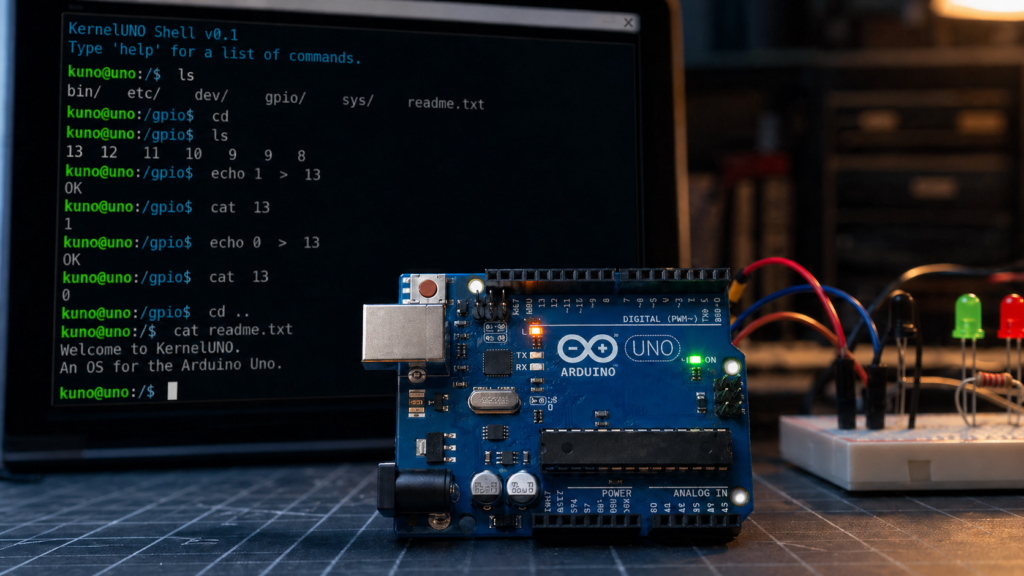 Arduino Uno on a workbench in front of a screen displaying the KernelUNO shell interface