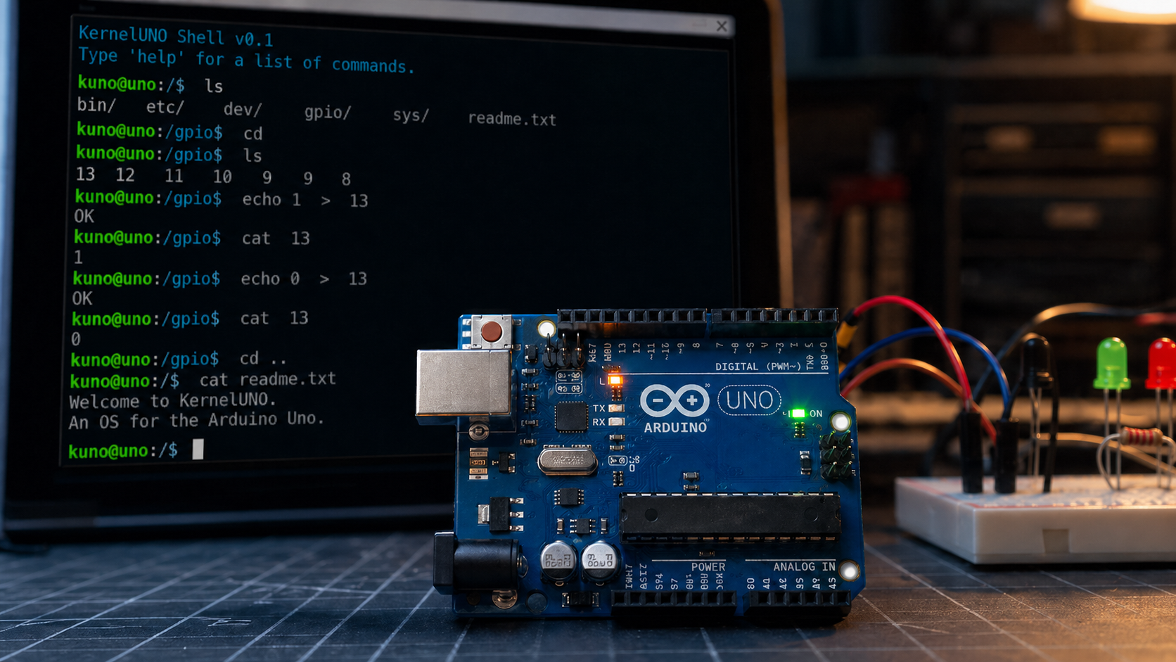 Arduino Uno on a workbench in front of a screen displaying the KernelUNO shell interface