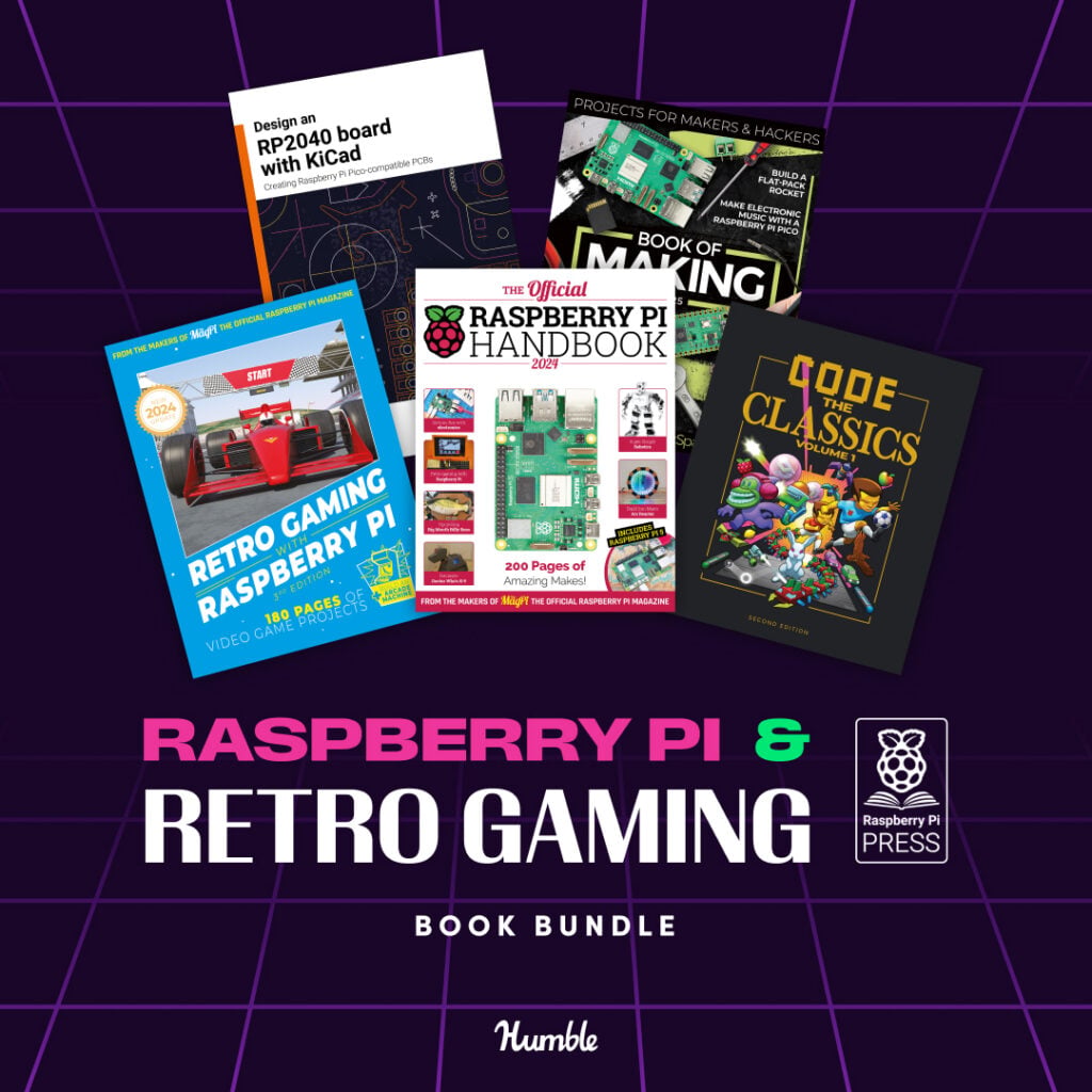 Stack of 14 Raspberry Pi Press ebooks bundled in the 2026 Humble Bundle