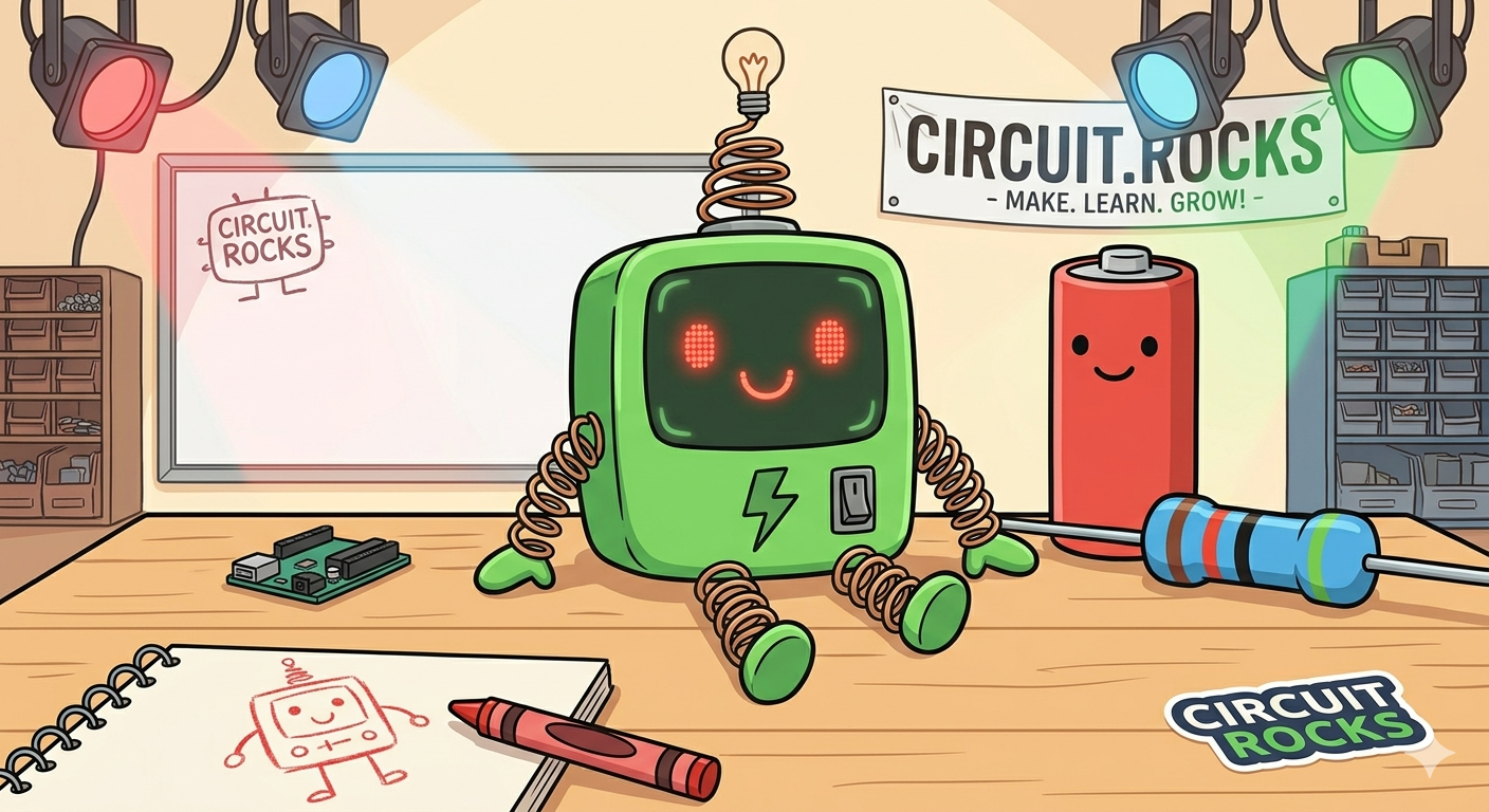 Chip the Circuit.Rocks mascot seated on a workbench with his battery friend