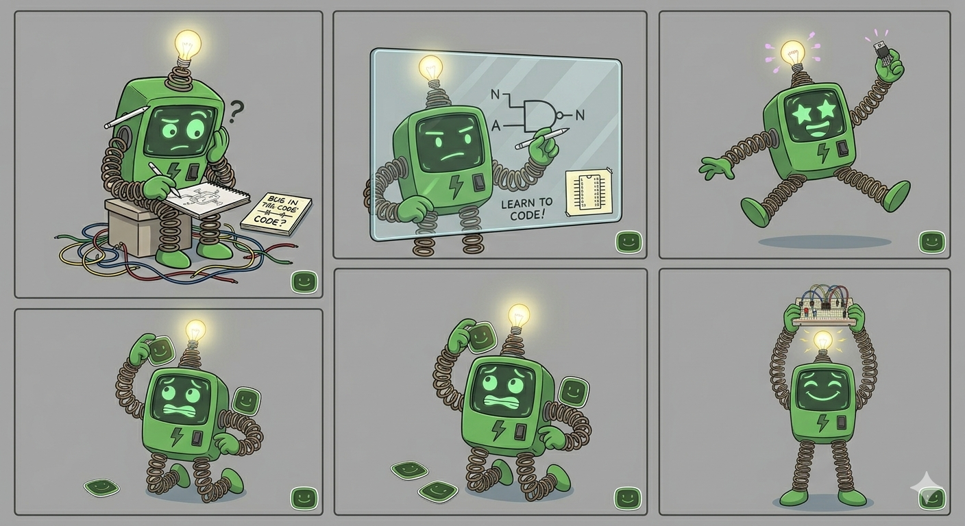 Six-panel comic of Chip debugging, teaching at a whiteboard, and discovering components
