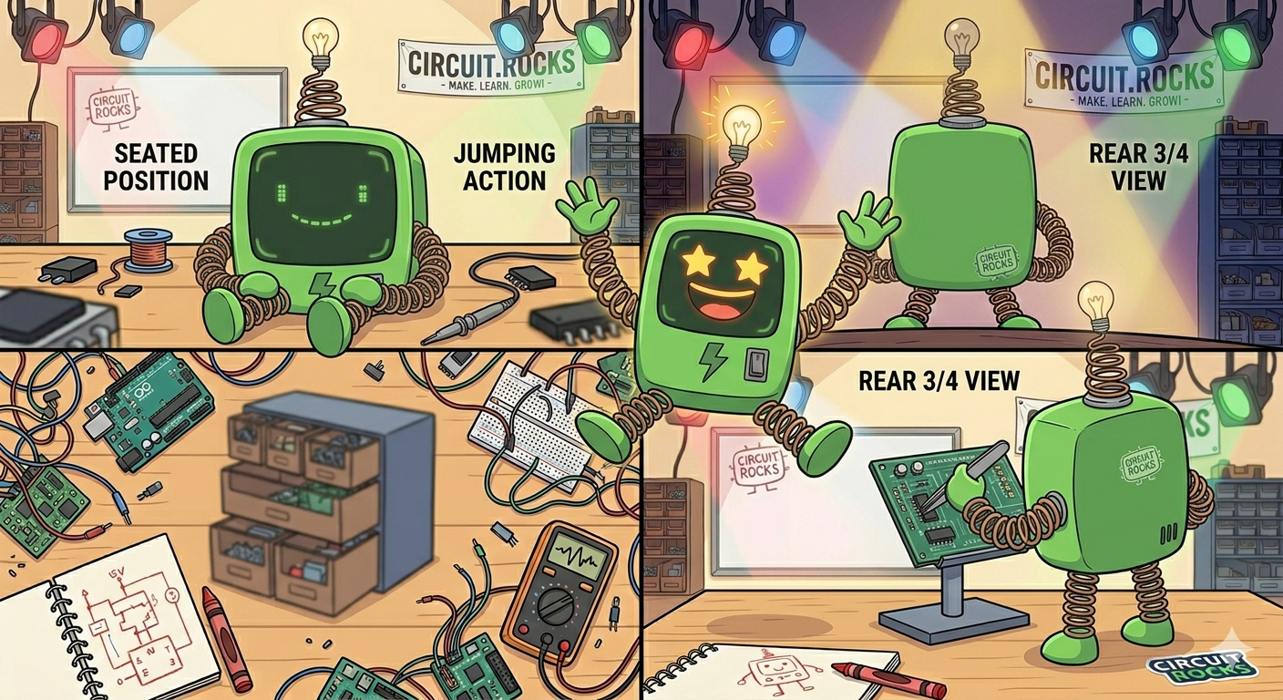 Chip the Circuit.Rocks mascot character design sheet with seated and jumping poses