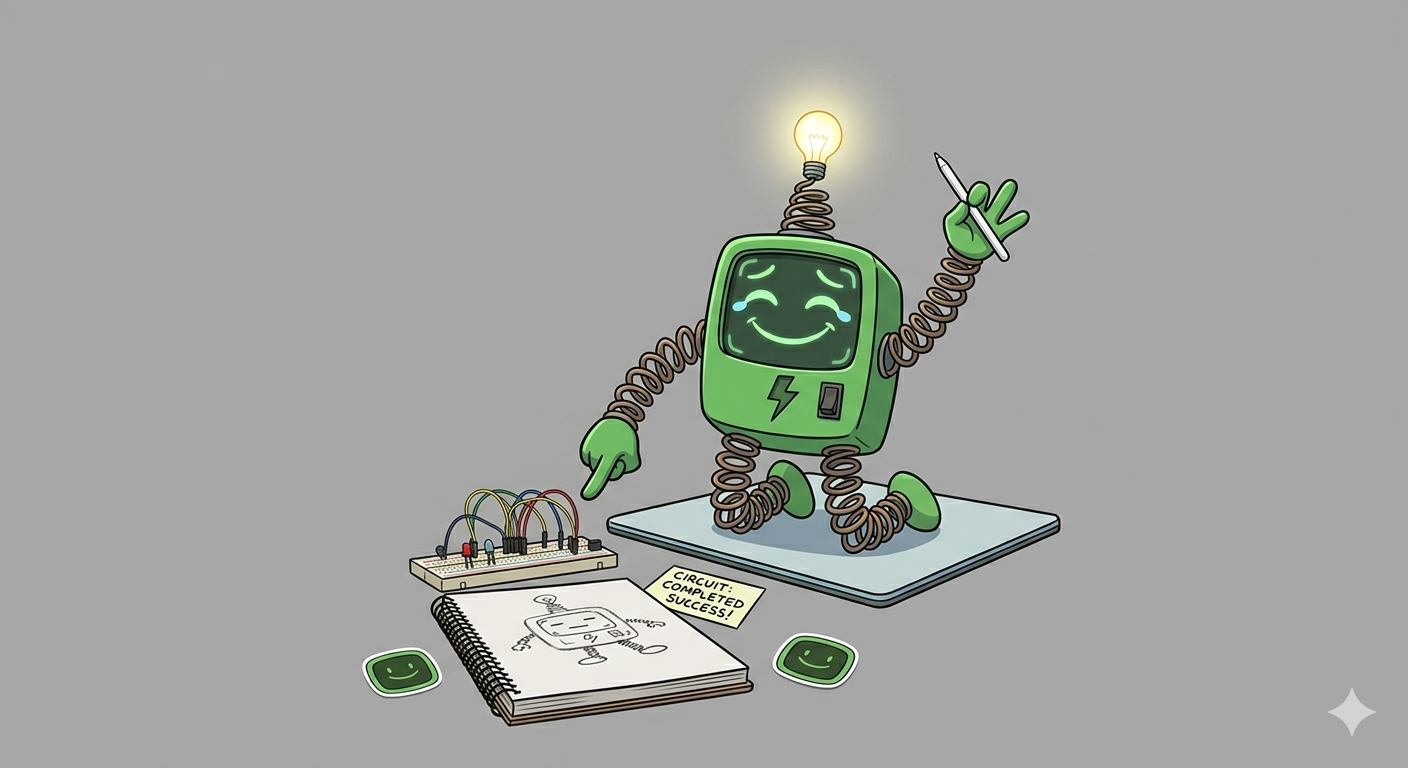 Chip standing triumphantly on a tablet next to a finished <a href=